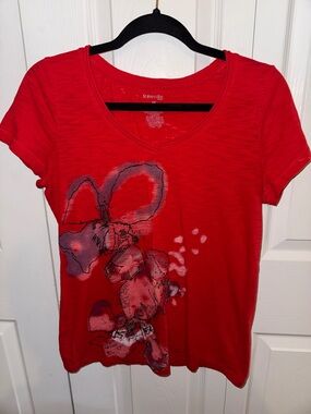 St. John's Bay Red Floral Graphic V-Neck Tee with Purple Accents (CL)